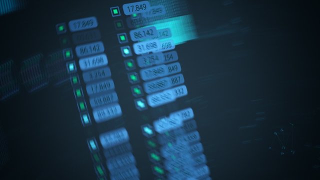 Advanced futuristic graphic interface. Displays abstract diagrams and charts.