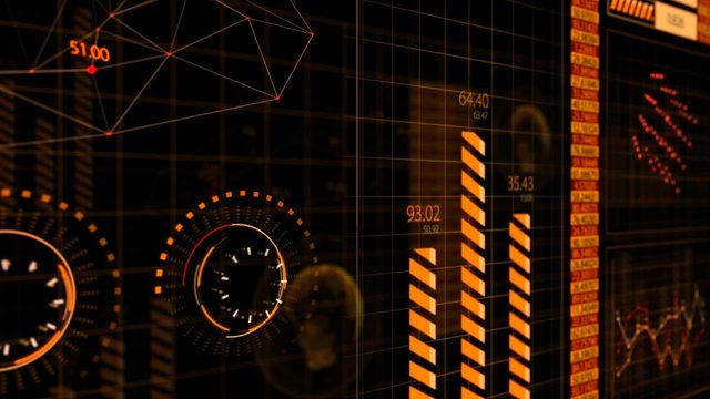 Advanced futuristic graphic interface. Displays abstract diagrams and charts.