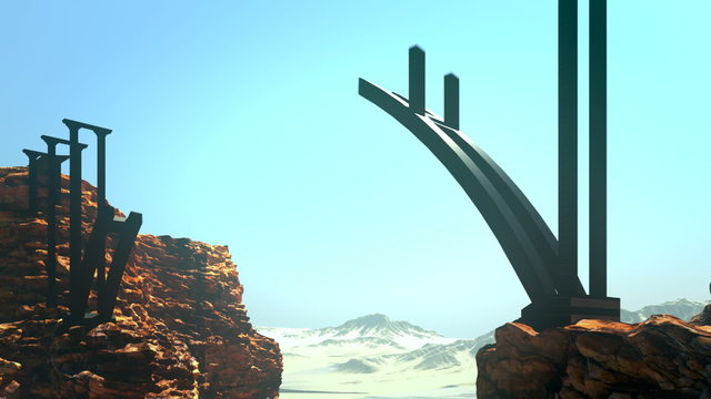 Conceptual animation of building a bridge spread over two opposite hills. HD