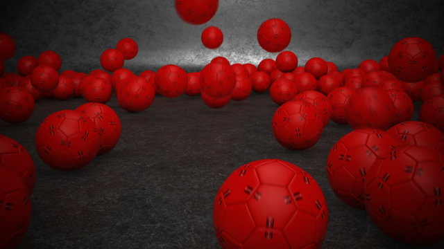 Miini reddish-black soccer balls bouncing invasion in dark gray environment. HD