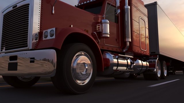 Huge semi-trailer cargo truck riding on the highway. Zoom-out animation. HD