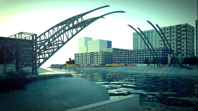 Animation of building the tied-arch bridge in the fictional town. Time-lapse. HD
