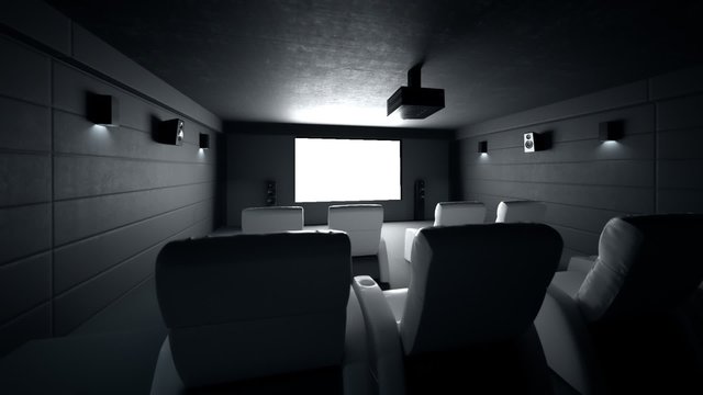 Interior of a luxurious home theater room during seans. Personal cinema. 4KHD