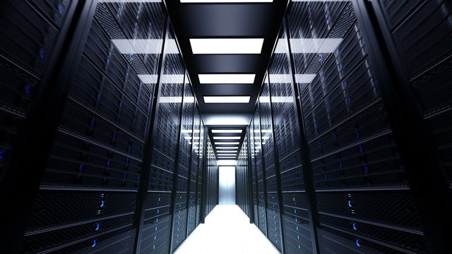 Endless working data center animation. Blue shining LED lights. Loopable. HD