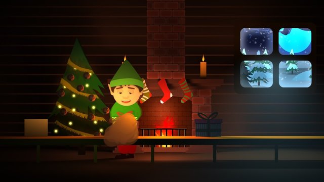 Elf is wrapping gift boxes placed on conveyor belt in the old wooden cottage.