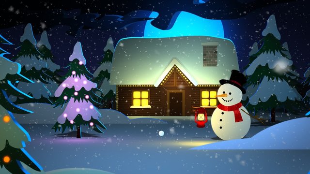 Christmas landscape with trees, the snowman and boy throwing the snowball.