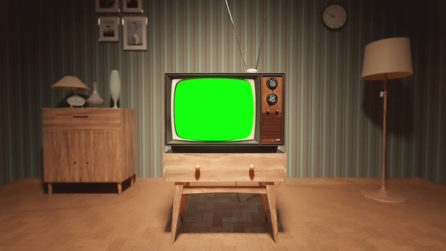 Vintage Television with Green Screen in Retro Living Room