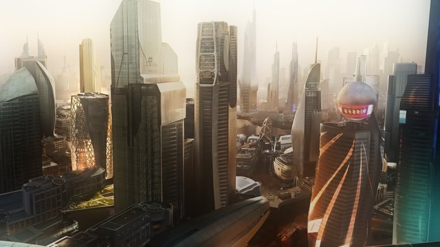 Aerial view of the futuristic cityscape. Metropolis is full of skyscrapers.