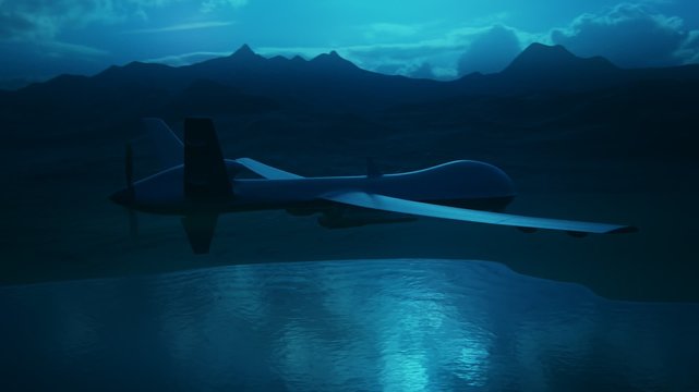 Military predator drone flying at sunset. Intelligent unmanned vehicle.