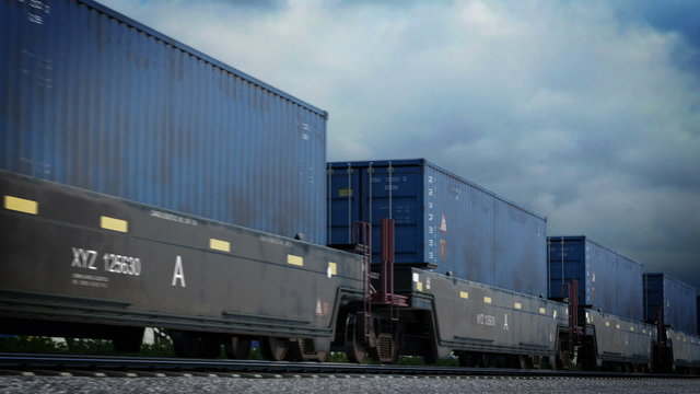 Railway transportation of the blue industrial containers. Loopable animation. HD