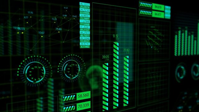 Advanced futuristic graphic interface. Displays abstract diagrams and charts.
