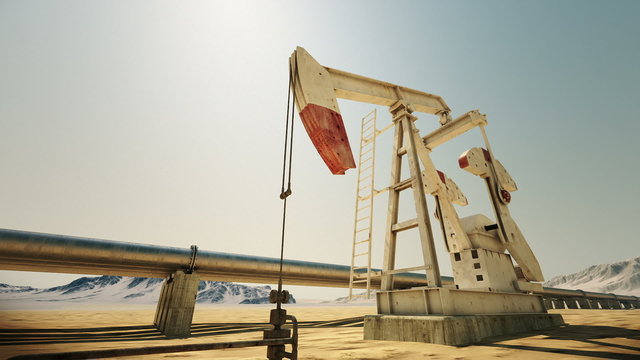 Animation of working oil pumping jack and oil pipeline in the back. Loopable. HD