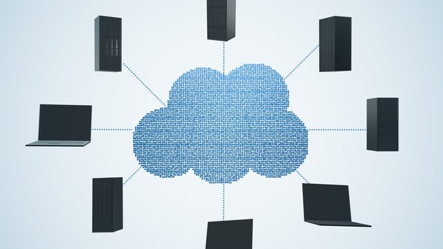 Computers and servers transferring data to the cloud created of binary digits