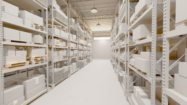 Walk through the warehouse alley with endless packages amount. Loopable. HD