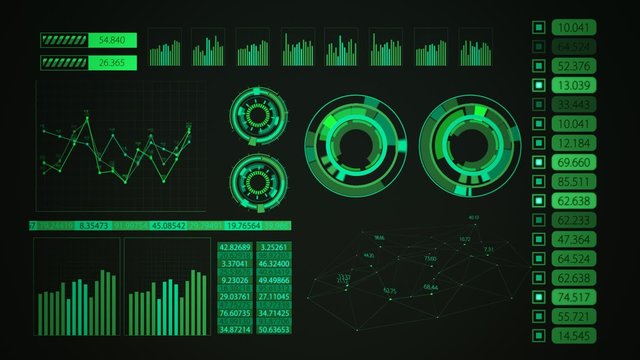 Advanced futuristic graphic interface. Displays abstract diagrams and charts.