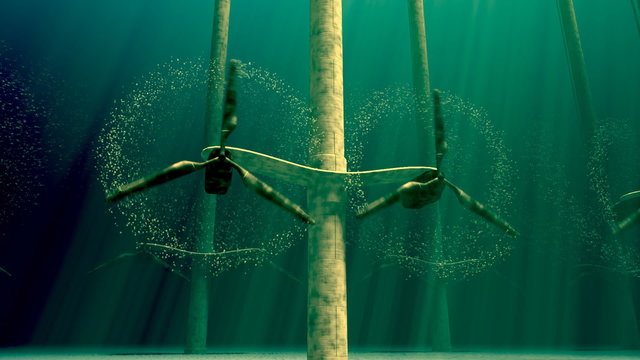 Zooming in animation of underwater tidal dual turbines working. Clean energy. HD