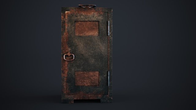 Old, rusty safe. The doors of the strongbox open showing the empty interior.