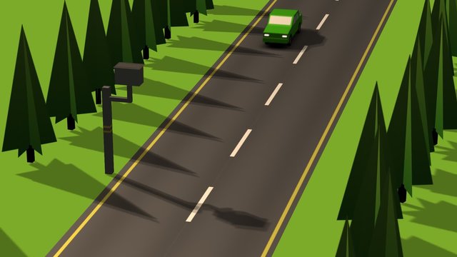 The aerial view of the highway with the speed control camera on the roadside.