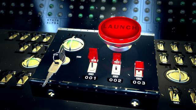A retro launch control center with red 'Launch' button on the console.
