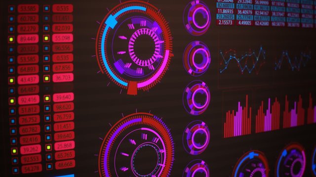 Advanced futuristic graphic interface. Displays abstract diagrams and charts.