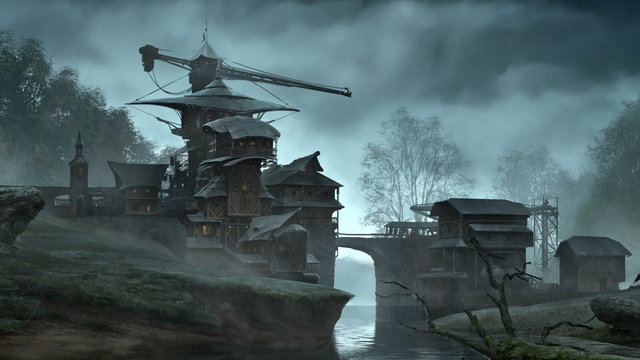 Fantasy settlement with a bridge over the flowing creek. Fabulous scenery. HD