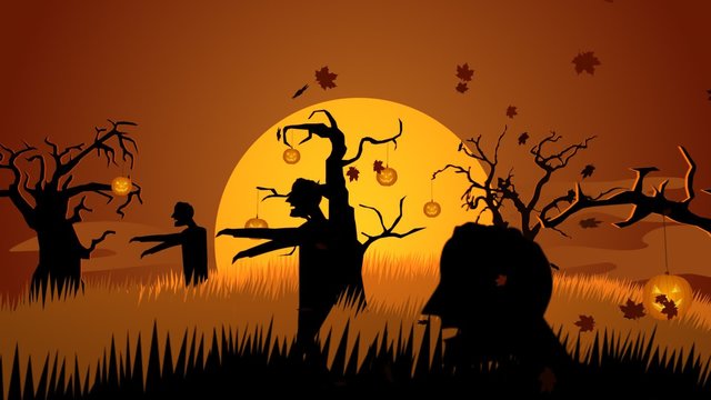 Zombie walking on the haunted graveyard with dark silhouettes of spooky trees.