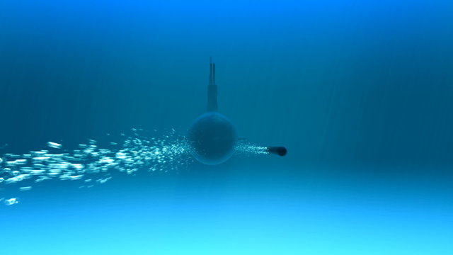 Submarine launching the underwater rocket. Naval army undersea batlleship. HD
