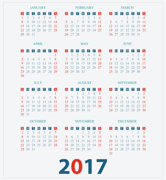 Calendar for 2017 on White Background.