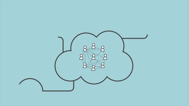 The network structure of connected users and icons related to cloud computing.