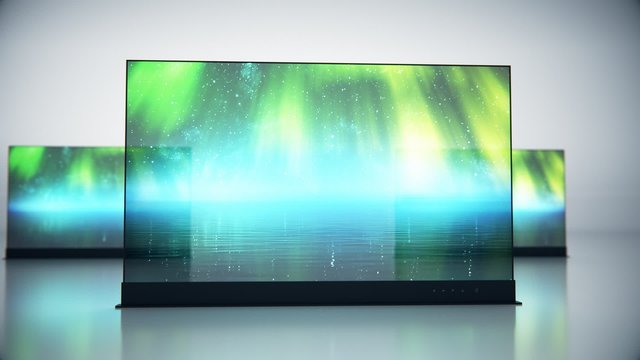 Flat Screen translucent TV. Future technology see-through display. Modern design