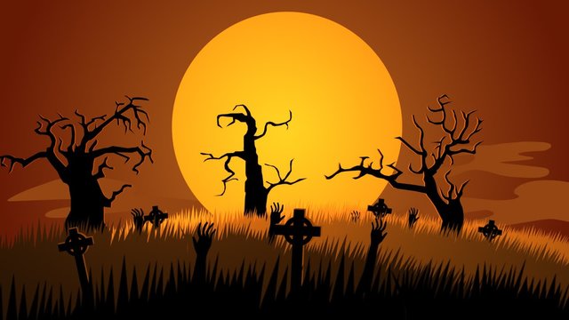An autumn, scary night on the haunted, mysterious graveyard full of tombstones