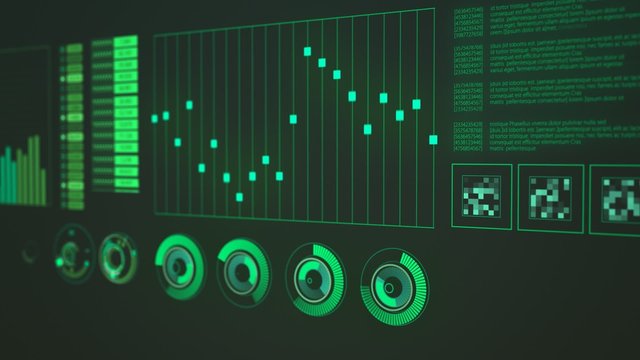 Advanced futuristic graphic interface. Displays abstract diagrams and charts.