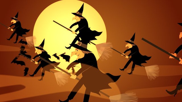 Mysterious witches in hats and black clothes are flying on the broomsticks.