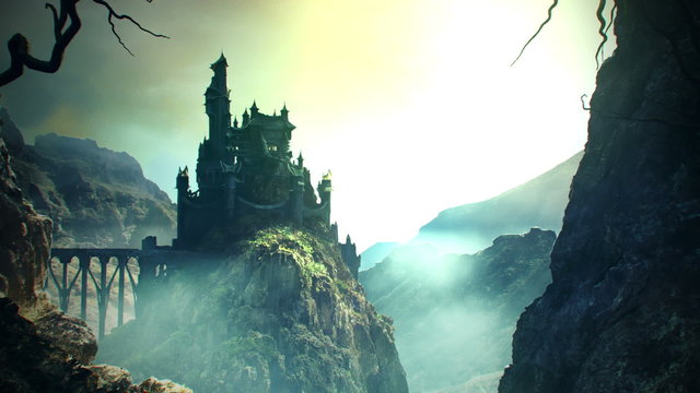 The fantasy skyline with the fortress at the top of hill. Zoom in animation. HD