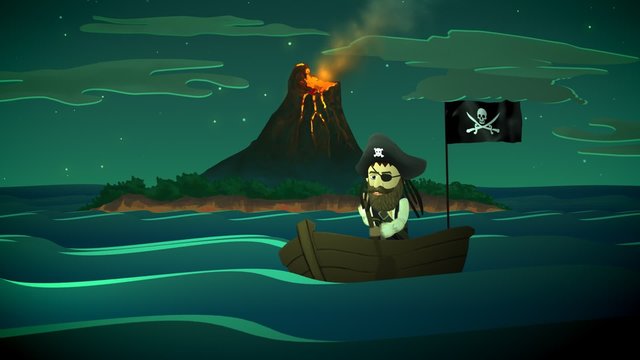 A pirate boat in front of an active volcano island in the middle of the ocean.
