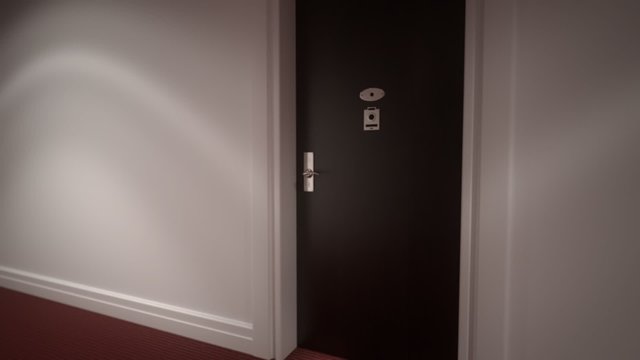 Lights flashing in the hotel hall with red carpet, white walls and wooden doors.