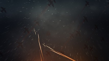 Squadron of planes flying with fiery trails of flak streaking up towards them.