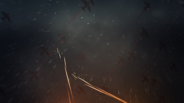 Squadron of planes flying with fiery trails of flak streaking up towards them.