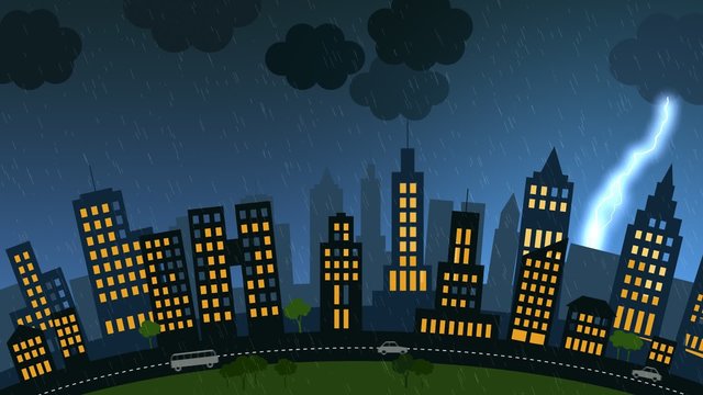 Loopable animation of a modern cityscape on a stormy night with the lightning.