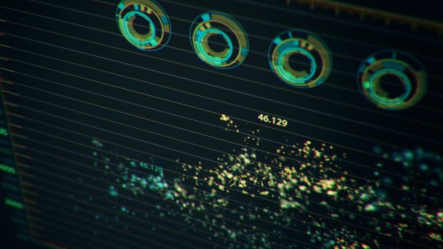 Advanced futuristic graphic interface. Displays abstract diagrams and charts.