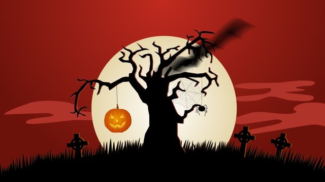 A Creepy Graveyard Halloween Background Scene. Spooky Fear Pumpkin on tree.
