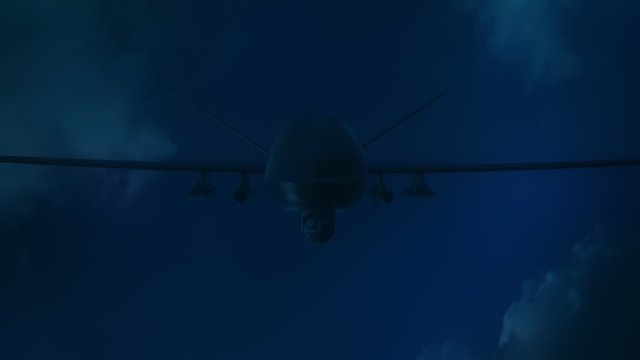 Military predator drone flying at night. Armed intelligent unmanned vehicle.