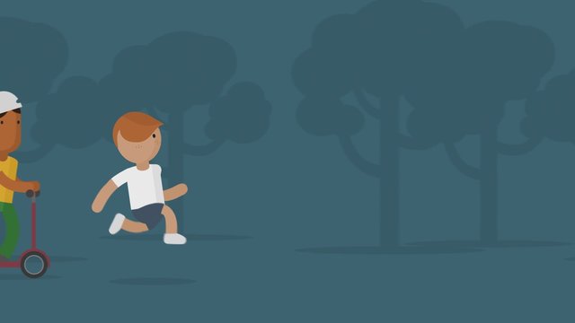 Cartoon animation with boy and girl doing the outdoor workout in a city park.