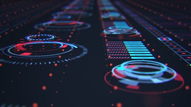Advanced futuristic graphic interface. Displays abstract diagrams and charts.