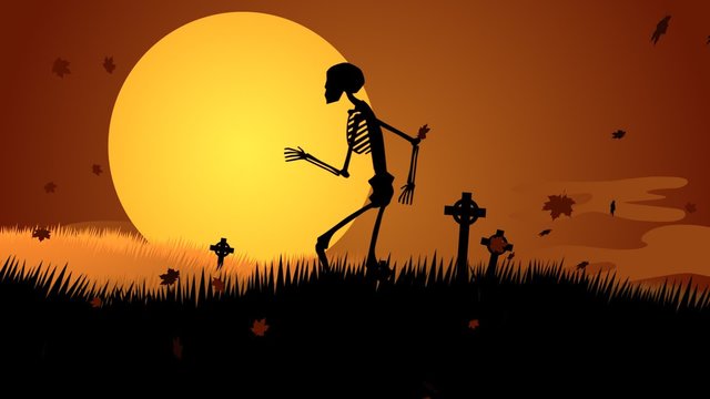 A scary night on the graveyard. The skeleton is walking against bright moon.