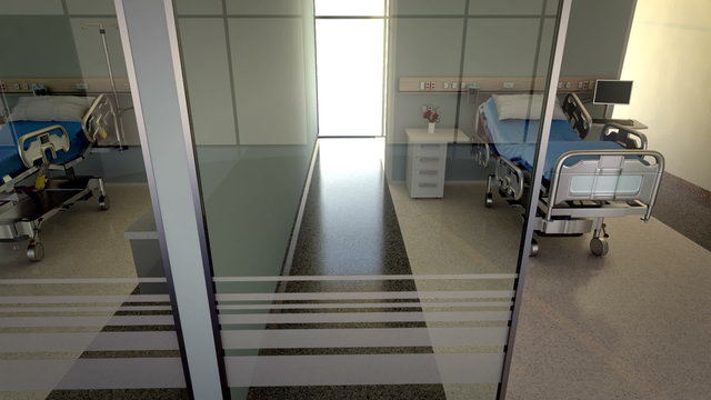 A walk through the hospital hallway with a view of hospital rooms. Loopable. HD
