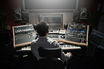 Man using a sound mixing desk in a recording studio. Sound engineer