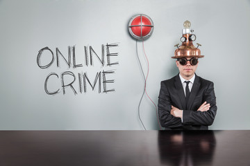 Online crime text with alert light and vintage businessman
