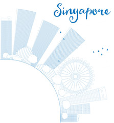 Outline Singapore skyline with blue landmarks and copy space. Some elements have transparency mode different from normal.