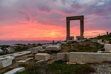 the Ancient marble gate "Portara" - the entrance to the temple of Apollo, Naxos island, Cyclades, Greece.